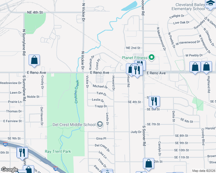 map of restaurants, bars, coffee shops, grocery stores, and more near 4815 Michael Place in Del City