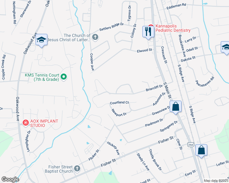 map of restaurants, bars, coffee shops, grocery stores, and more near 222 Cliffside Drive in Kannapolis