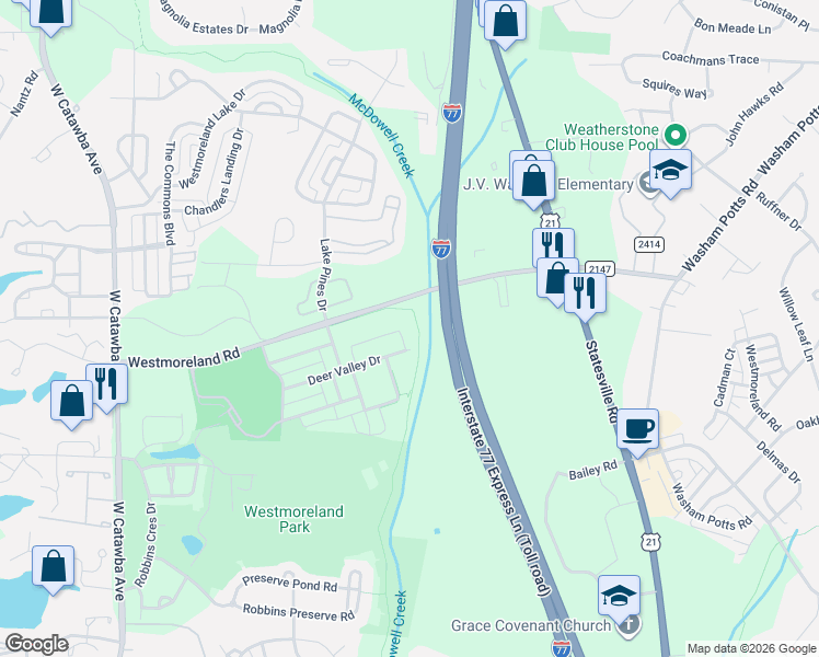 map of restaurants, bars, coffee shops, grocery stores, and more near 17217 Doe Valley Court in Cornelius