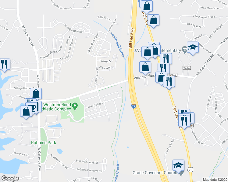 map of restaurants, bars, coffee shops, grocery stores, and more near 17047 Doe Valley Court in Cornelius