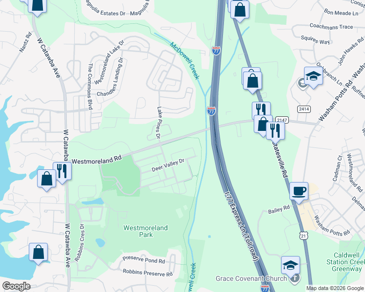 map of restaurants, bars, coffee shops, grocery stores, and more near 9019 Westmoreland Road in Cornelius