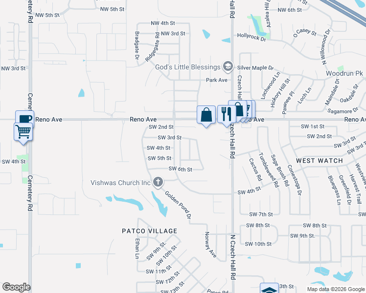 map of restaurants, bars, coffee shops, grocery stores, and more near 401 Cherokee Gate Drive in Yukon