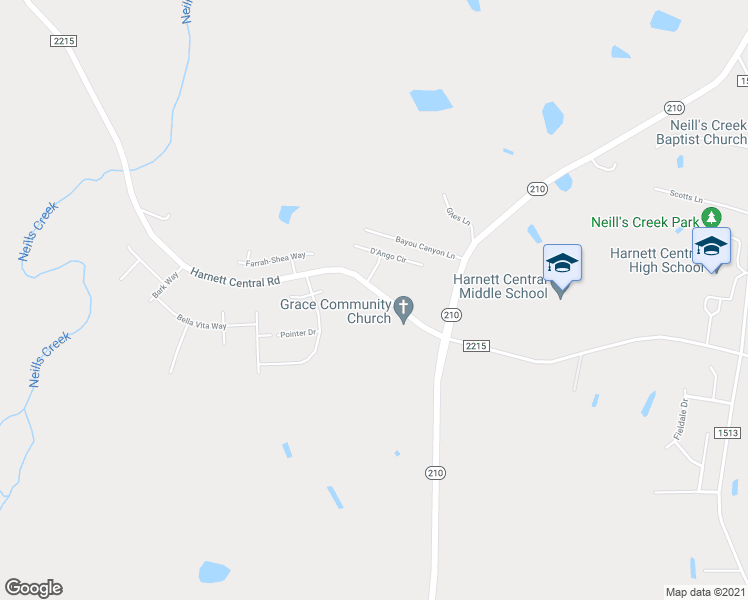 map of restaurants, bars, coffee shops, grocery stores, and more near 2072 Harnett Central Road in Angier
