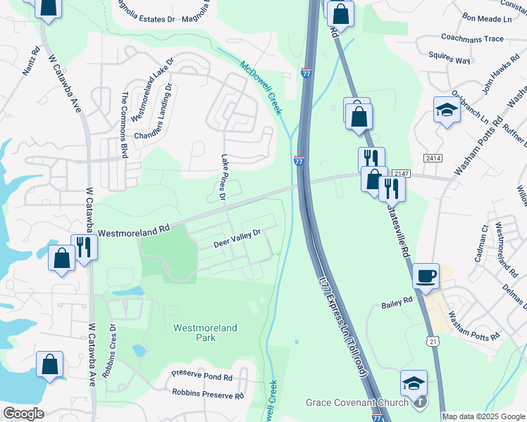 map of restaurants, bars, coffee shops, grocery stores, and more near 17123 Doe Valley Court in Cornelius