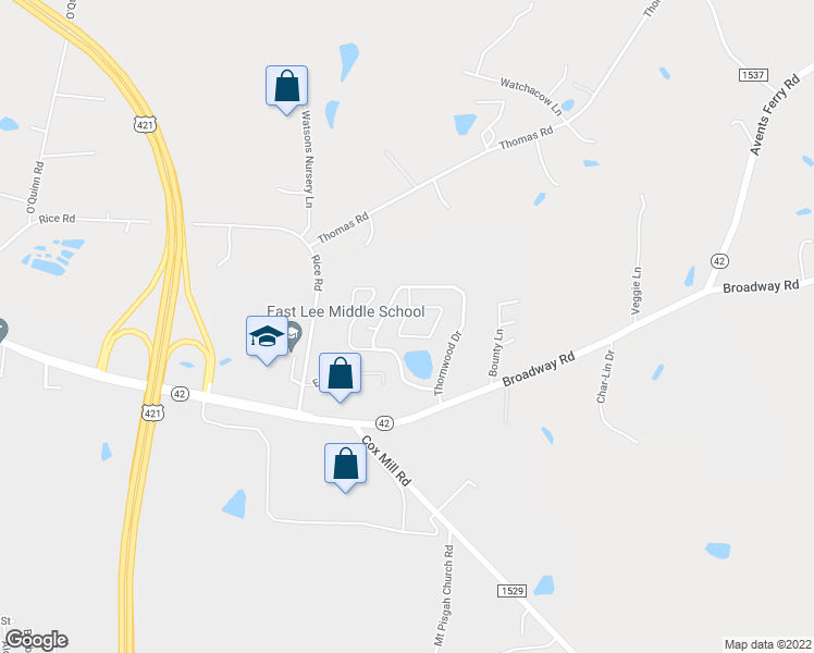 map of restaurants, bars, coffee shops, grocery stores, and more near 1 Thornwood Drive in Sanford