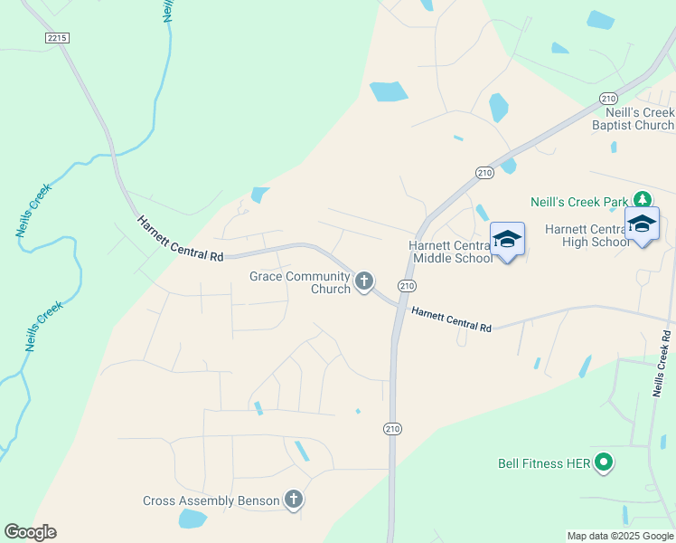 map of restaurants, bars, coffee shops, grocery stores, and more near 2072 Harnett Central Road in Angier