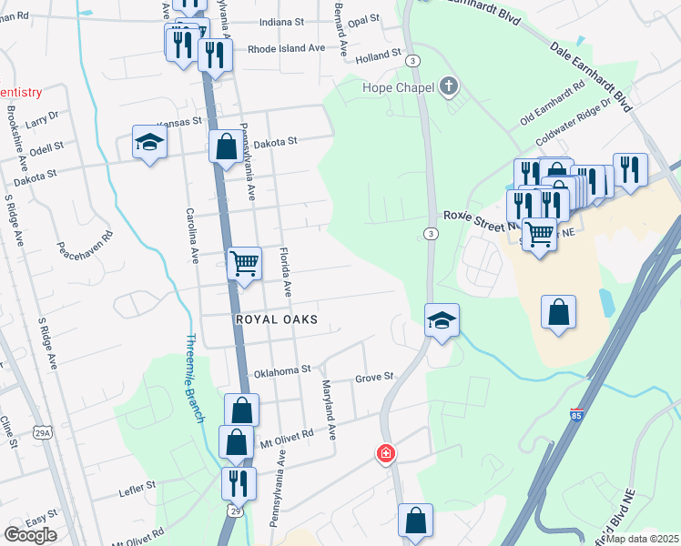 map of restaurants, bars, coffee shops, grocery stores, and more near 1016 Michigan Street in Kannapolis