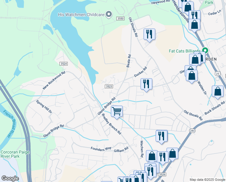 map of restaurants, bars, coffee shops, grocery stores, and more near 71 Ducker Road in Arden