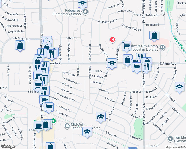 map of restaurants, bars, coffee shops, grocery stores, and more near 2513 North key Boulevard in Midwest City