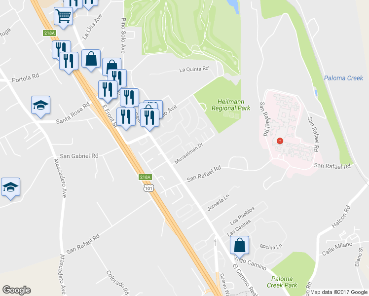 map of restaurants, bars, coffee shops, grocery stores, and more near 9325 Musselman Drive in Atascadero