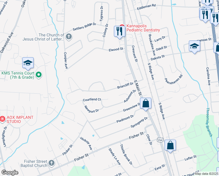 map of restaurants, bars, coffee shops, grocery stores, and more near 122 Briarcliff Drive in Kannapolis