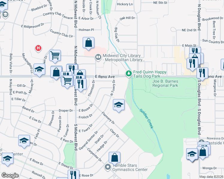 map of restaurants, bars, coffee shops, grocery stores, and more near 2504 North Towry Drive in Midwest City