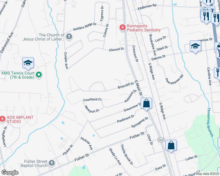 map of restaurants, bars, coffee shops, grocery stores, and more near 122 Briarcliff Drive in Kannapolis