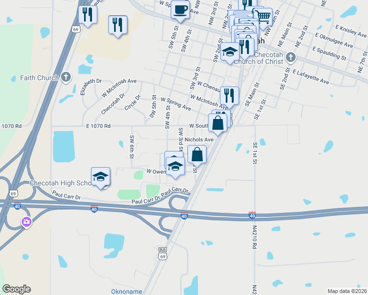 map of restaurants, bars, coffee shops, grocery stores, and more near 602 Nichols Avenue in Checotah