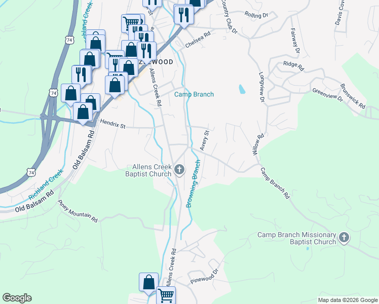 map of restaurants, bars, coffee shops, grocery stores, and more near 444 Browning Road in Waynesville