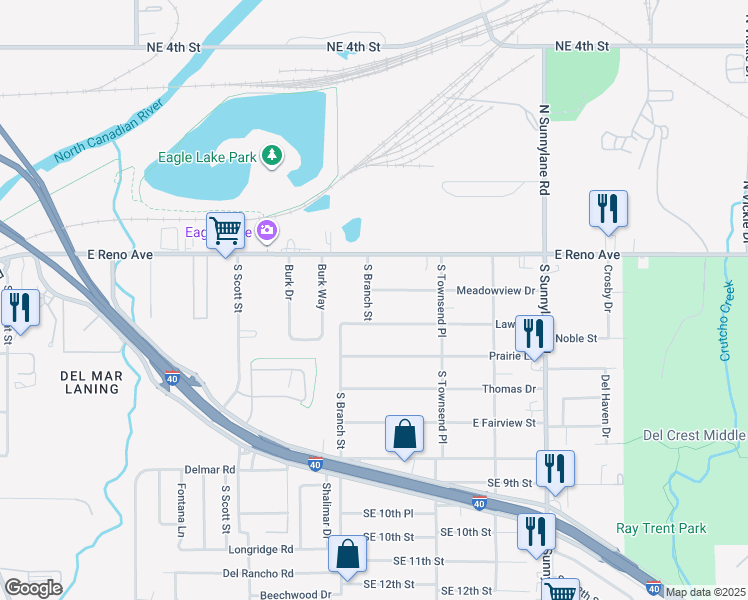 map of restaurants, bars, coffee shops, grocery stores, and more near 3901 Meadowview Drive in Del City
