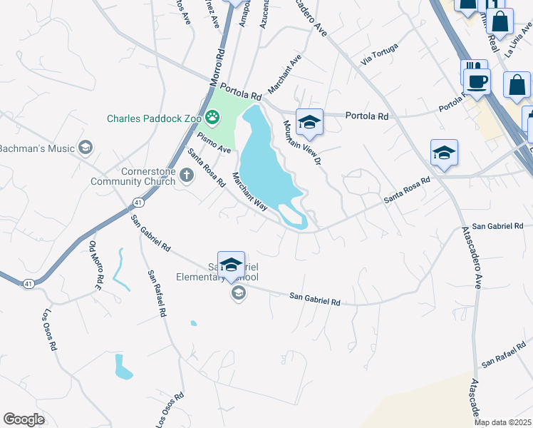 map of restaurants, bars, coffee shops, grocery stores, and more near 9590 Marchant Way in Atascadero