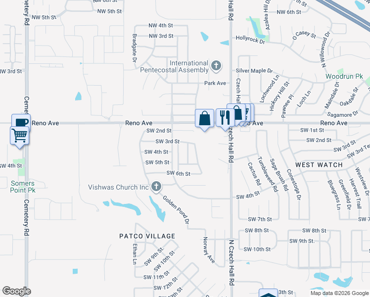 map of restaurants, bars, coffee shops, grocery stores, and more near 12317 Southwest 3rd Street in Yukon