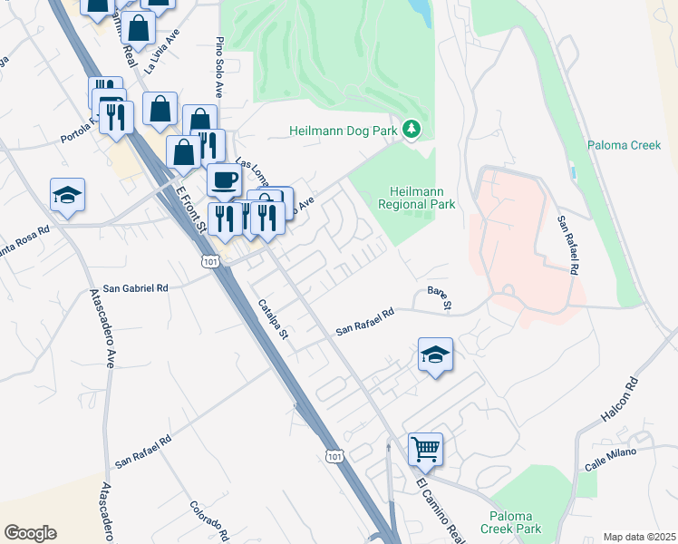 map of restaurants, bars, coffee shops, grocery stores, and more near 9327 Musselman Drive in Atascadero