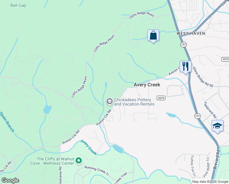 map of restaurants, bars, coffee shops, grocery stores, and more near 131 Avery Creek Road in Arden