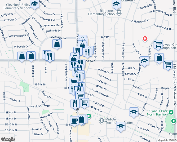 map of restaurants, bars, coffee shops, grocery stores, and more near 2600 Glenhaven Drive in Midwest City