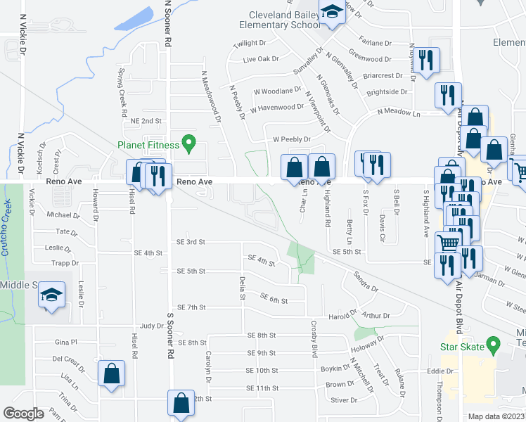 map of restaurants, bars, coffee shops, grocery stores, and more near 6000 East Reno Avenue in Midwest City