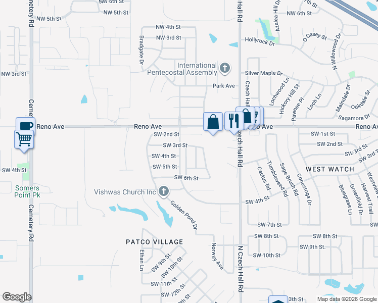 map of restaurants, bars, coffee shops, grocery stores, and more near 401 Cherokee Gate Drive in Yukon