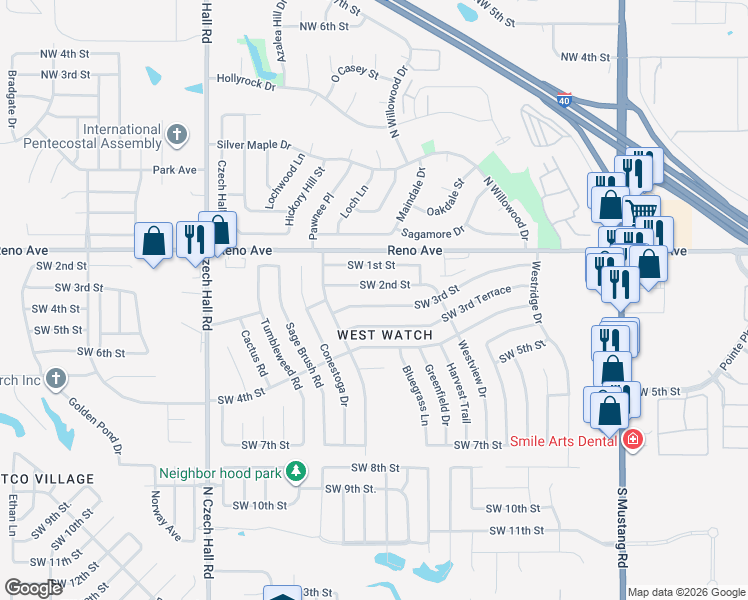 map of restaurants, bars, coffee shops, grocery stores, and more near 11844 Southwest 2nd Street in Yukon