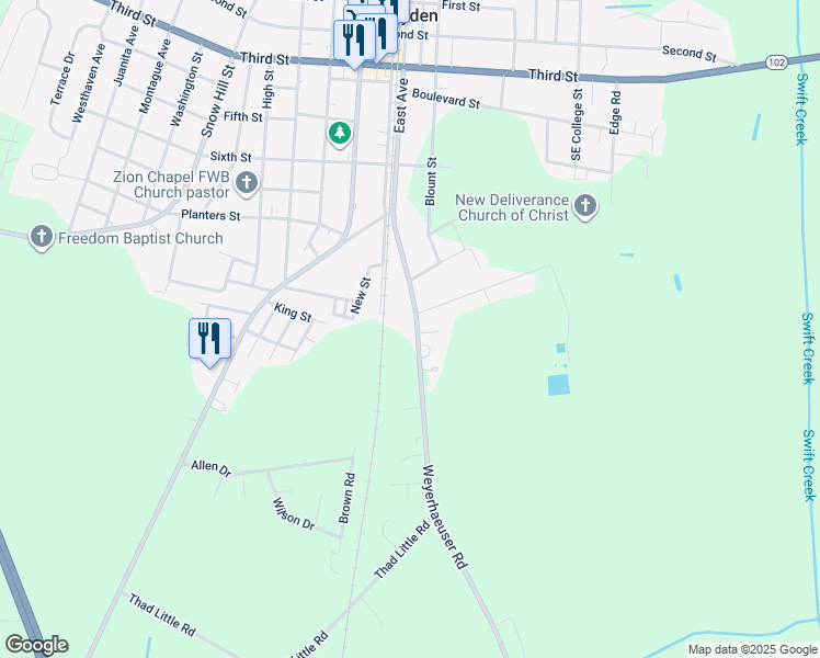 map of restaurants, bars, coffee shops, grocery stores, and more near 4442 East Avenue in Ayden