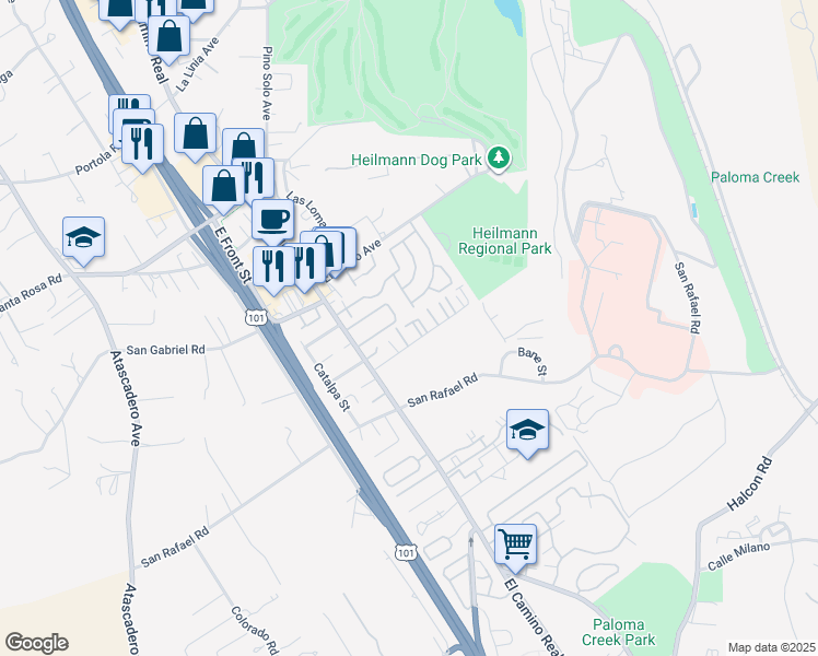 map of restaurants, bars, coffee shops, grocery stores, and more near 9327 Musselman Drive in Atascadero