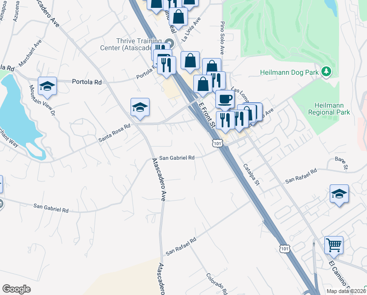 map of restaurants, bars, coffee shops, grocery stores, and more near 9045 San Gabriel Road in Atascadero