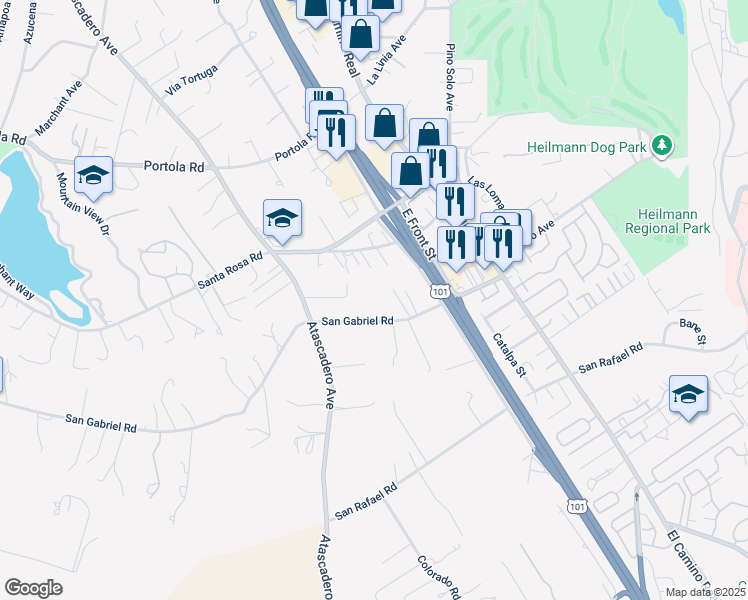 map of restaurants, bars, coffee shops, grocery stores, and more near 9049 San Gabriel Road in Atascadero