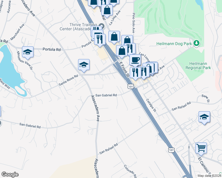 map of restaurants, bars, coffee shops, grocery stores, and more near 9045 San Gabriel Road in Atascadero