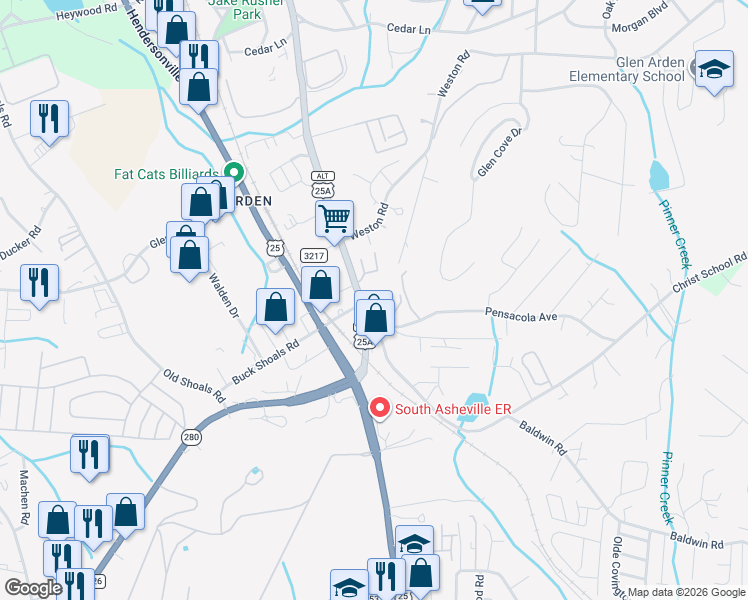 map of restaurants, bars, coffee shops, grocery stores, and more near 3970 Sweeten Creek Road in Arden