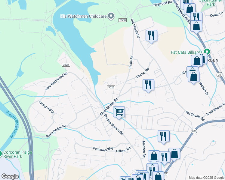 map of restaurants, bars, coffee shops, grocery stores, and more near 83 State Road 3523 in Arden