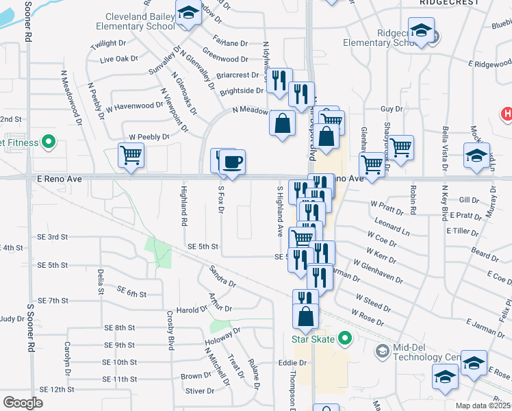 map of restaurants, bars, coffee shops, grocery stores, and more near 212 South Bell Drive in Midwest City