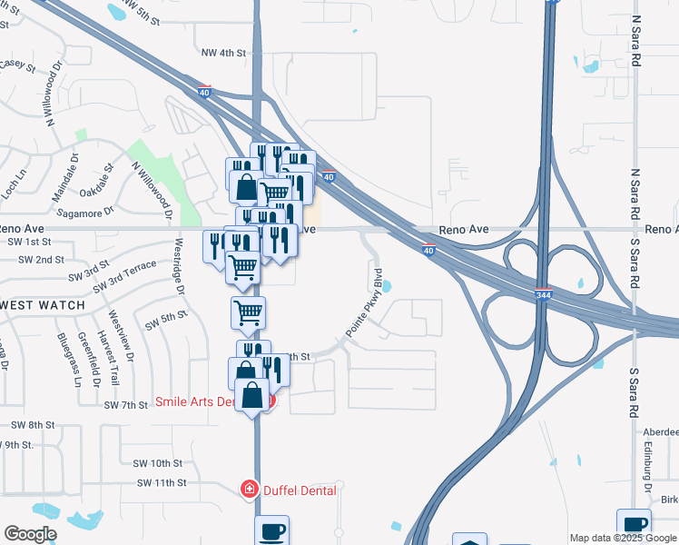 map of restaurants, bars, coffee shops, grocery stores, and more near 201 Pointe Parkway Boulevard in Yukon