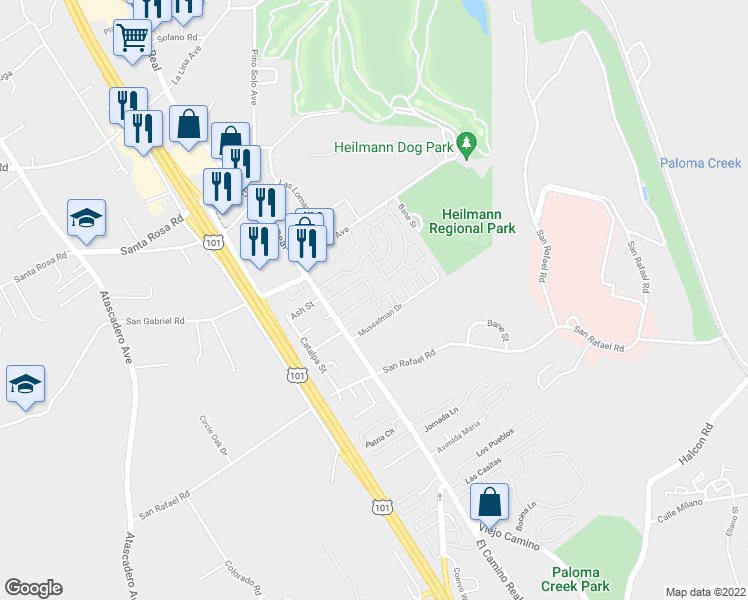 map of restaurants, bars, coffee shops, grocery stores, and more near 9327 Musselman Drive in Atascadero