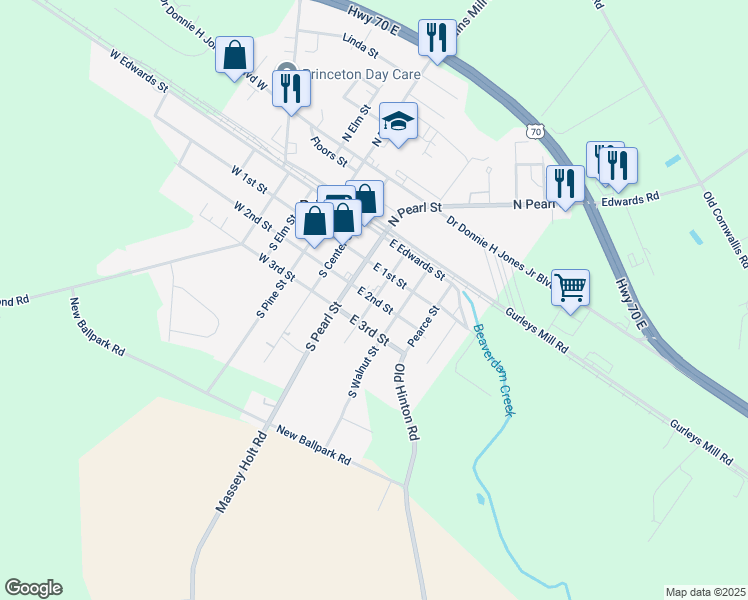 map of restaurants, bars, coffee shops, grocery stores, and more near East 2nd Street in Princeton