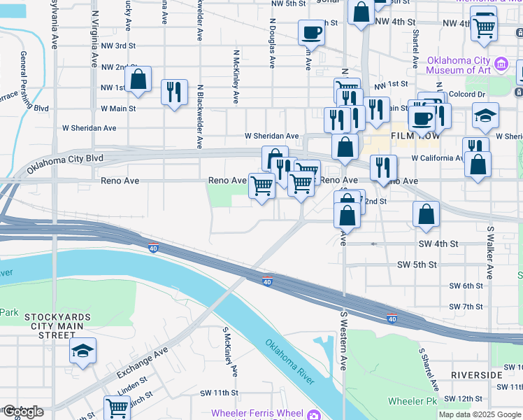 map of restaurants, bars, coffee shops, grocery stores, and more near 1228 Southwest 2nd Street in Oklahoma City