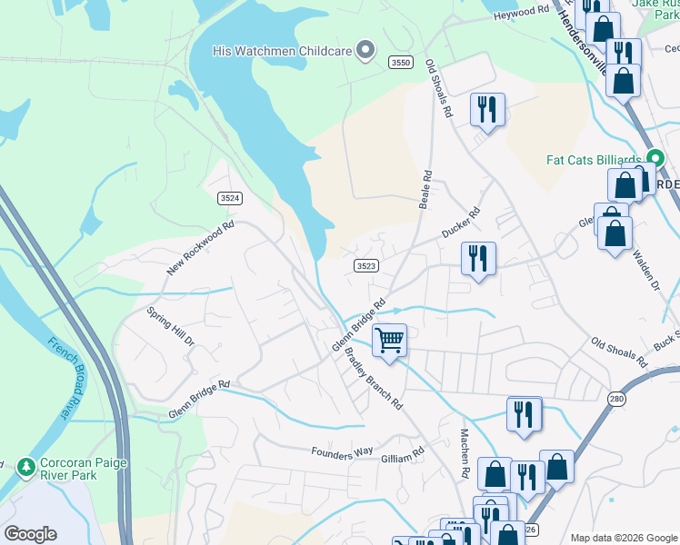 map of restaurants, bars, coffee shops, grocery stores, and more near 18 Ican Drive in Arden