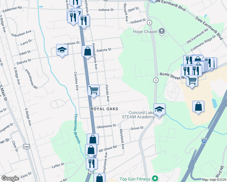 map of restaurants, bars, coffee shops, grocery stores, and more near 1005 Michigan Street in Kannapolis