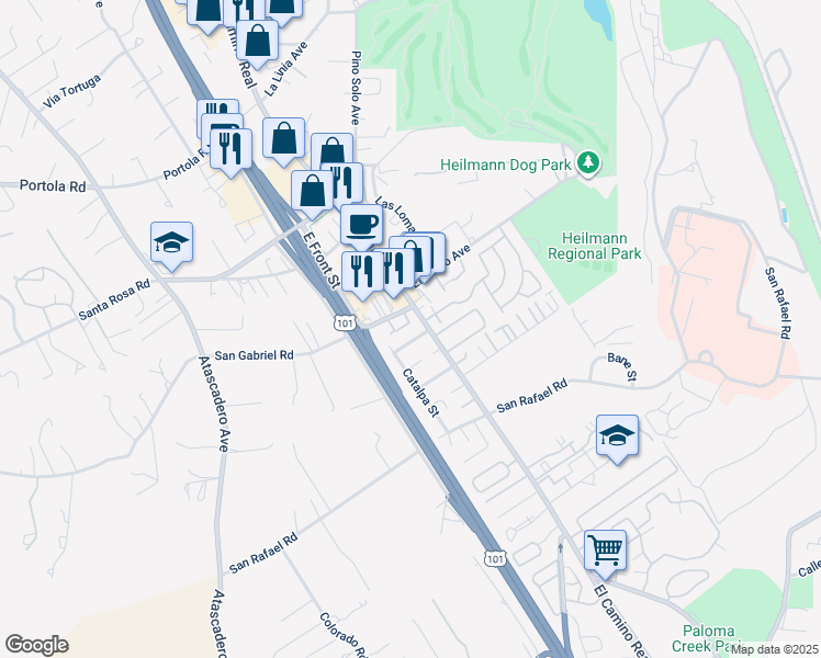 map of restaurants, bars, coffee shops, grocery stores, and more near 9190 Tiburon Circle in Atascadero
