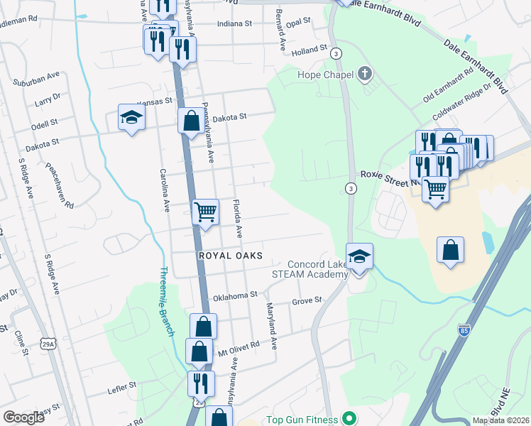 map of restaurants, bars, coffee shops, grocery stores, and more near 1005 Michigan Street in Kannapolis