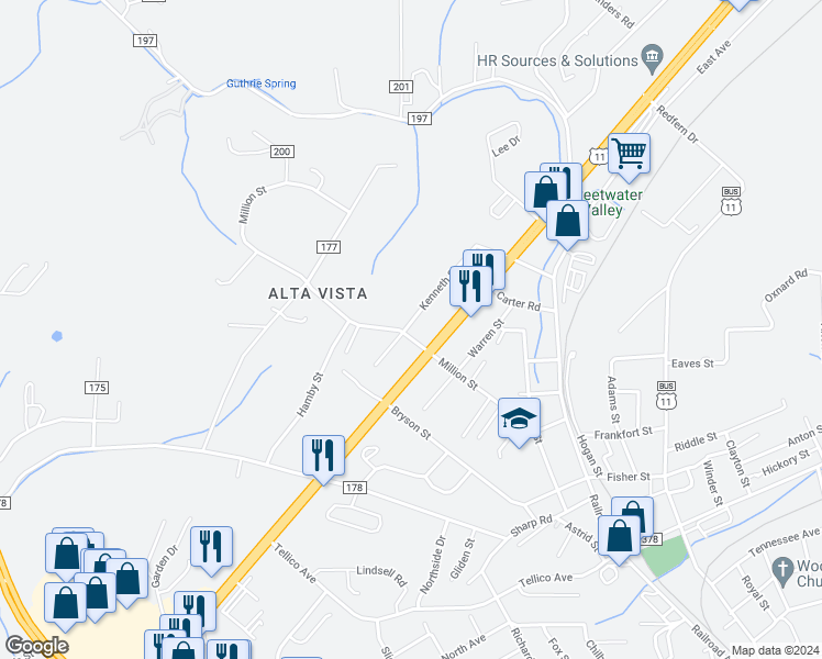 map of restaurants, bars, coffee shops, grocery stores, and more near 315 Kenneth Street in Athens