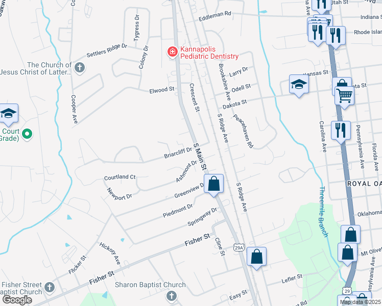 map of restaurants, bars, coffee shops, grocery stores, and more near 105 Briarcliff Drive in Kannapolis