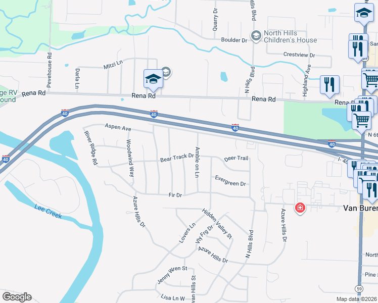 map of restaurants, bars, coffee shops, grocery stores, and more near 1713 Amble on Lane in Van Buren
