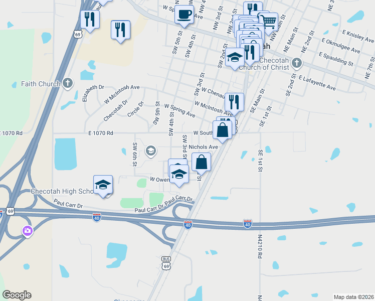 map of restaurants, bars, coffee shops, grocery stores, and more near 602 Nichols Avenue in Checotah