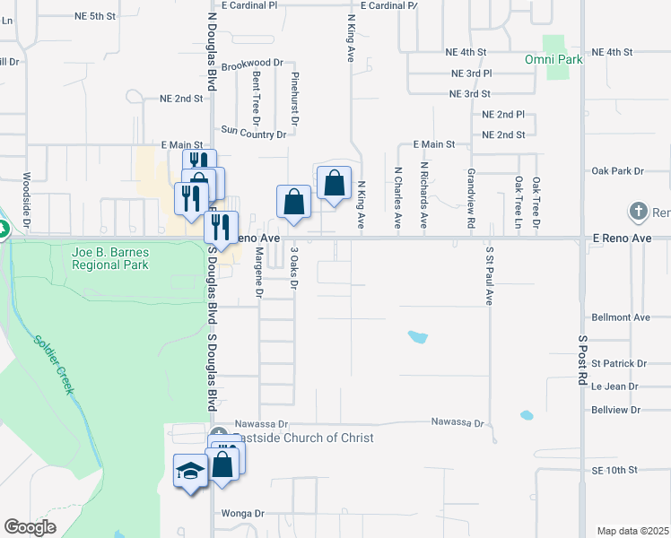 map of restaurants, bars, coffee shops, grocery stores, and more near 9240 East Reno Avenue in Midwest City