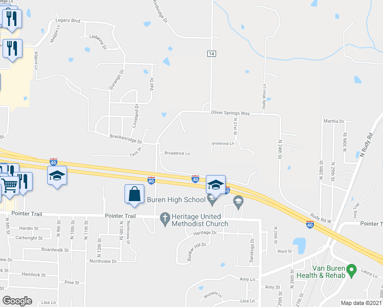 map of restaurants, bars, coffee shops, grocery stores, and more near 1720 Broaddrick Lane in Van Buren